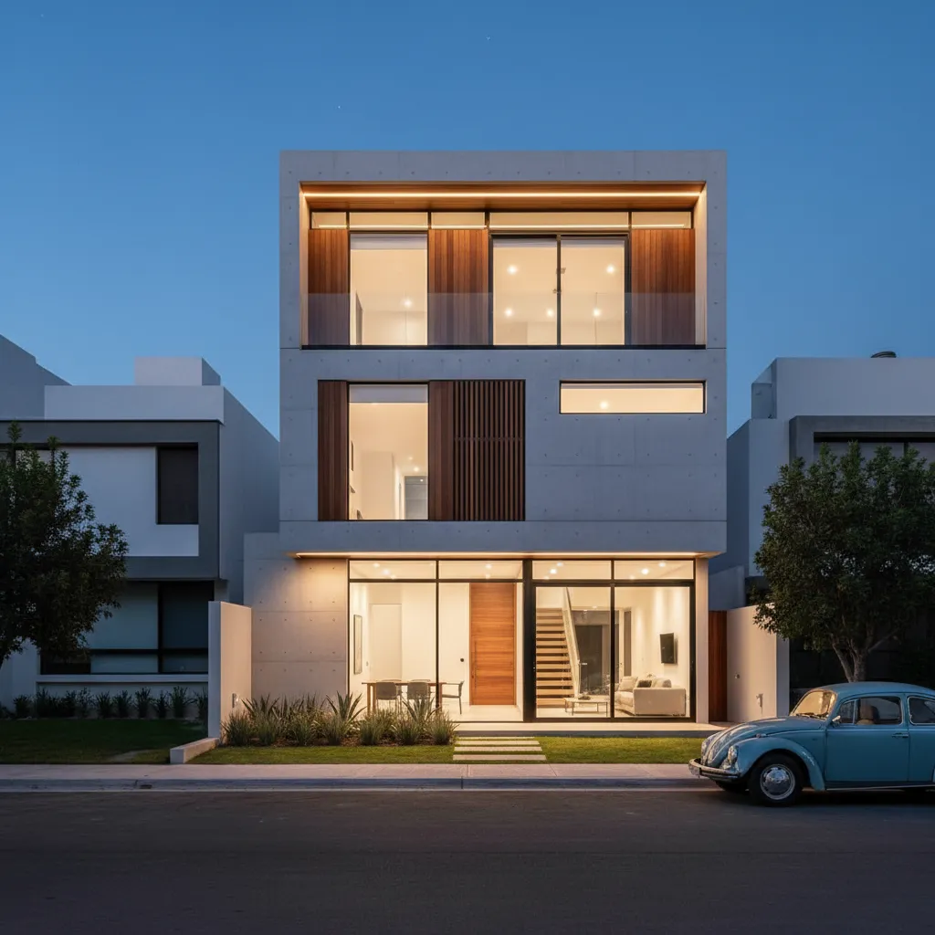Casa moderna de dos pisos con fachada contemporánea en México
