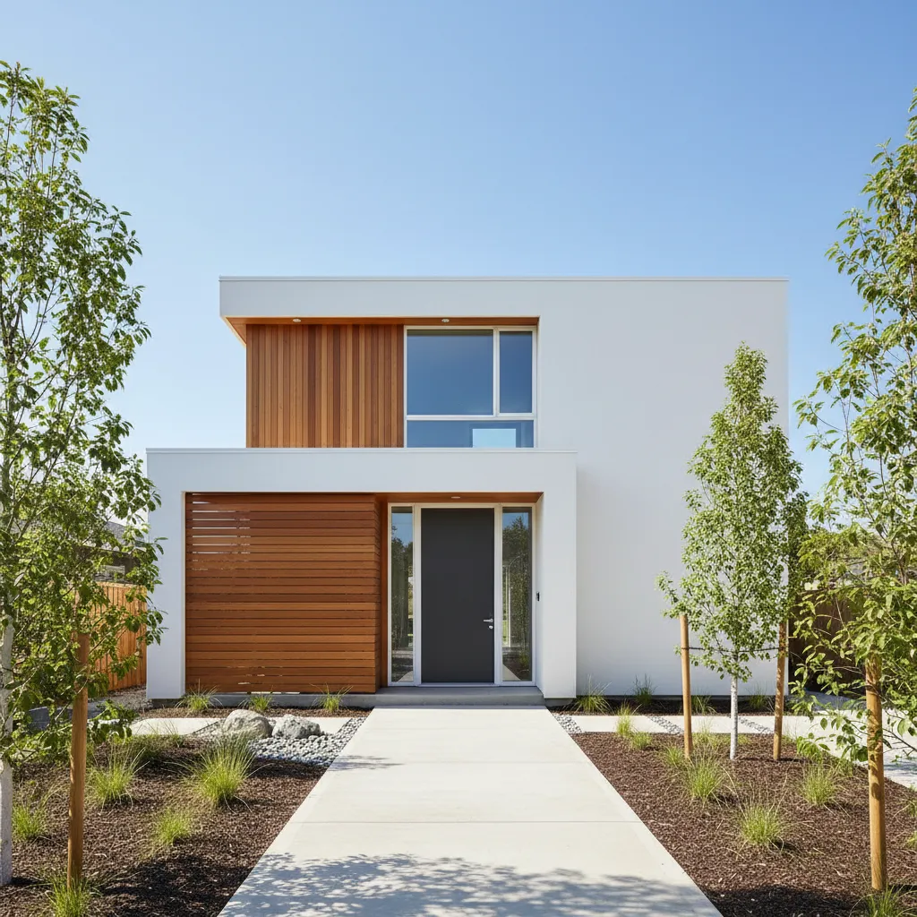 Exterior de una casa moderna económica con diseño simple