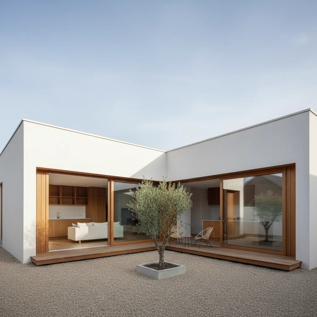 Casa moderna económica en forma de L con pequeño patio interior