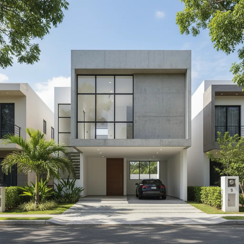 Casa salvadoreña moderna con garaje frontal y grandes ventanas