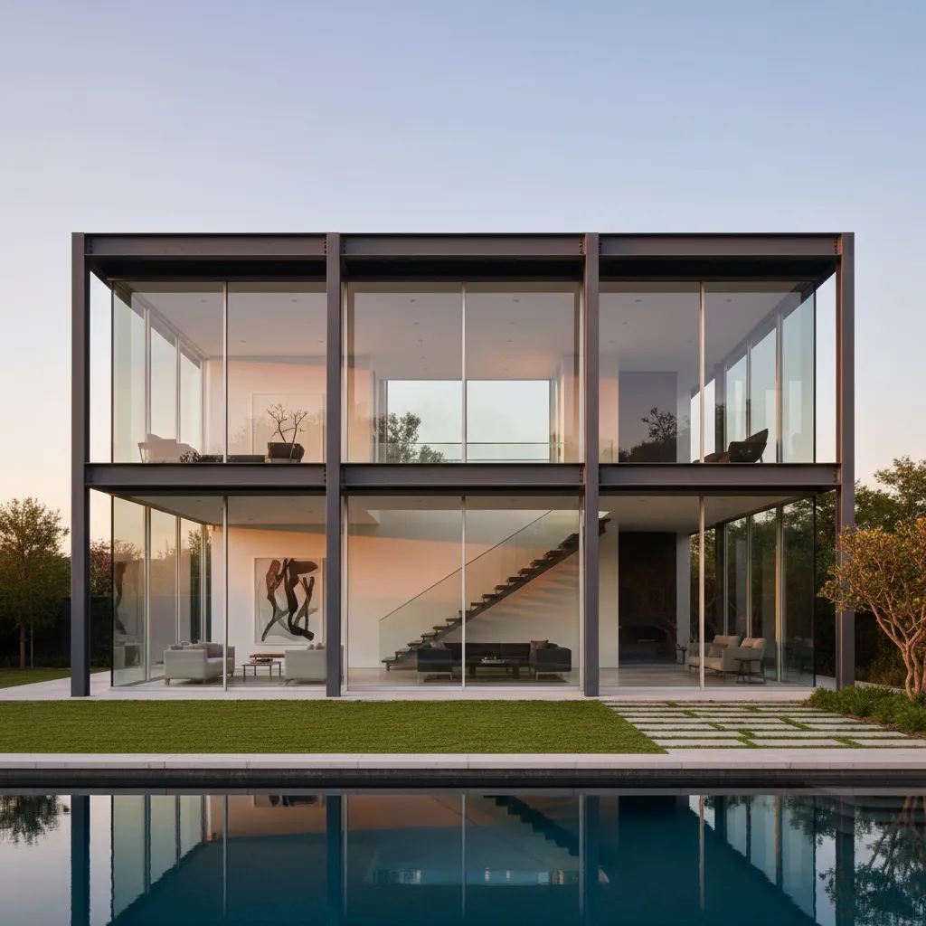 Casa moderna con grandes ventanales y estructura metálica