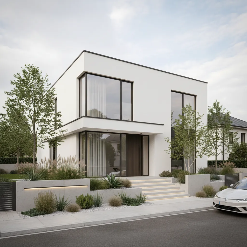 Modern white house with two floors, large windows, green garden, stone steps, and white car