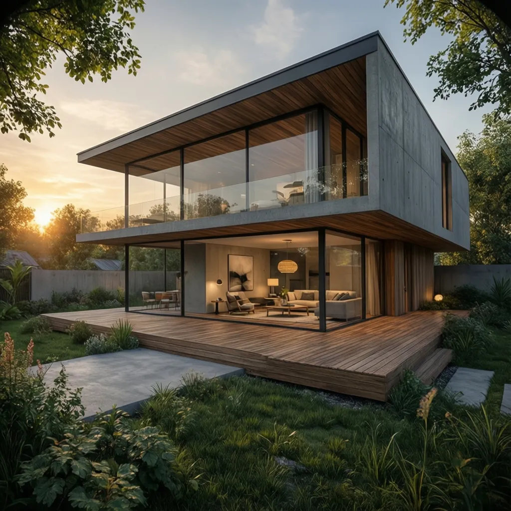 Modern two story house with glass walls wood deck green grass and trees during sunset
