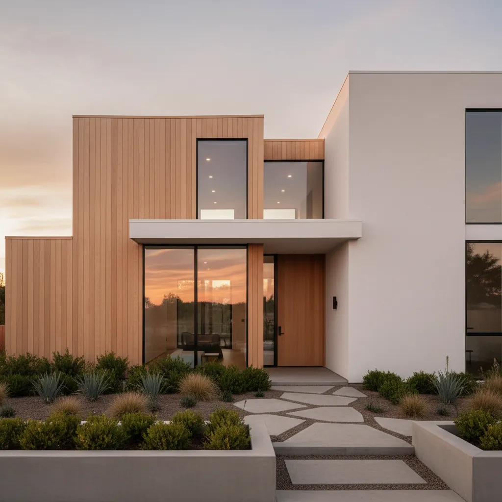 Exterior de casa moderna con jardín sencillo y elegante