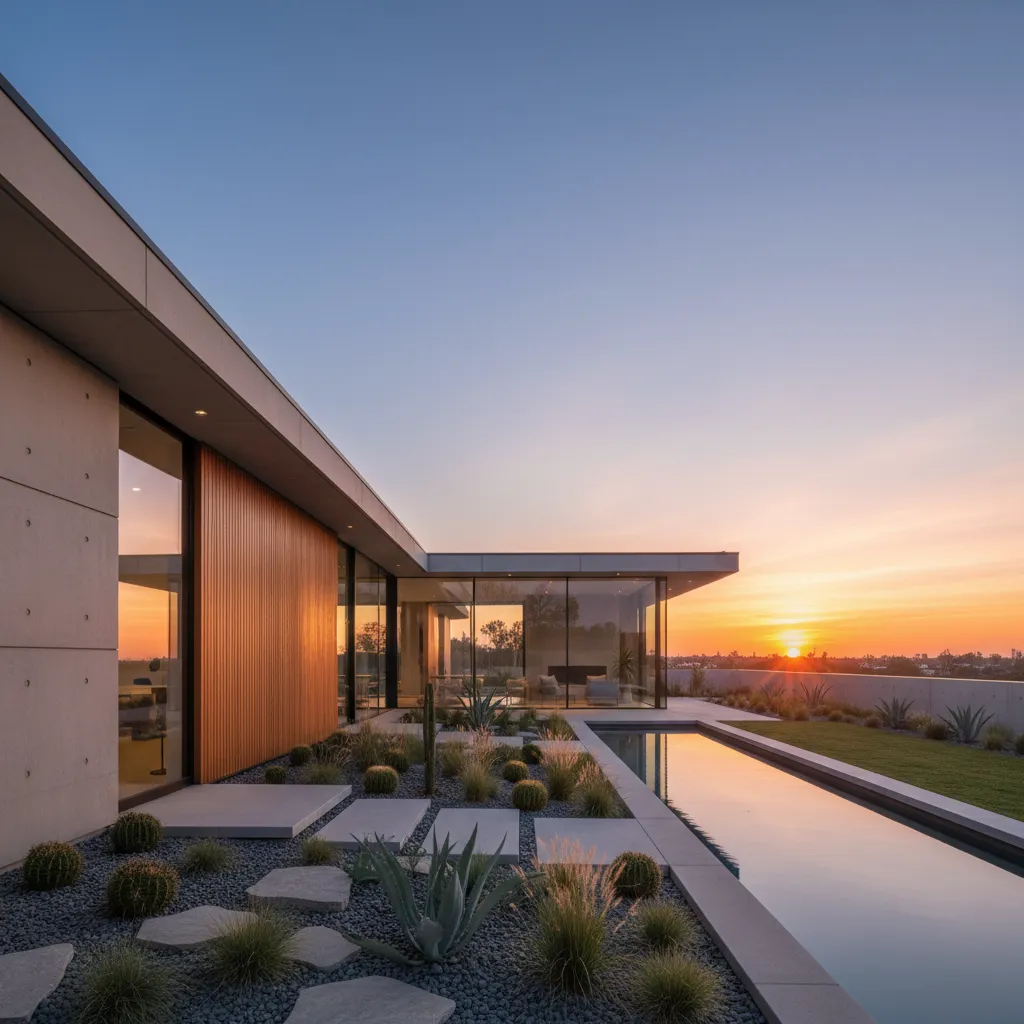 Exterior de casa moderna minimalista con jardín