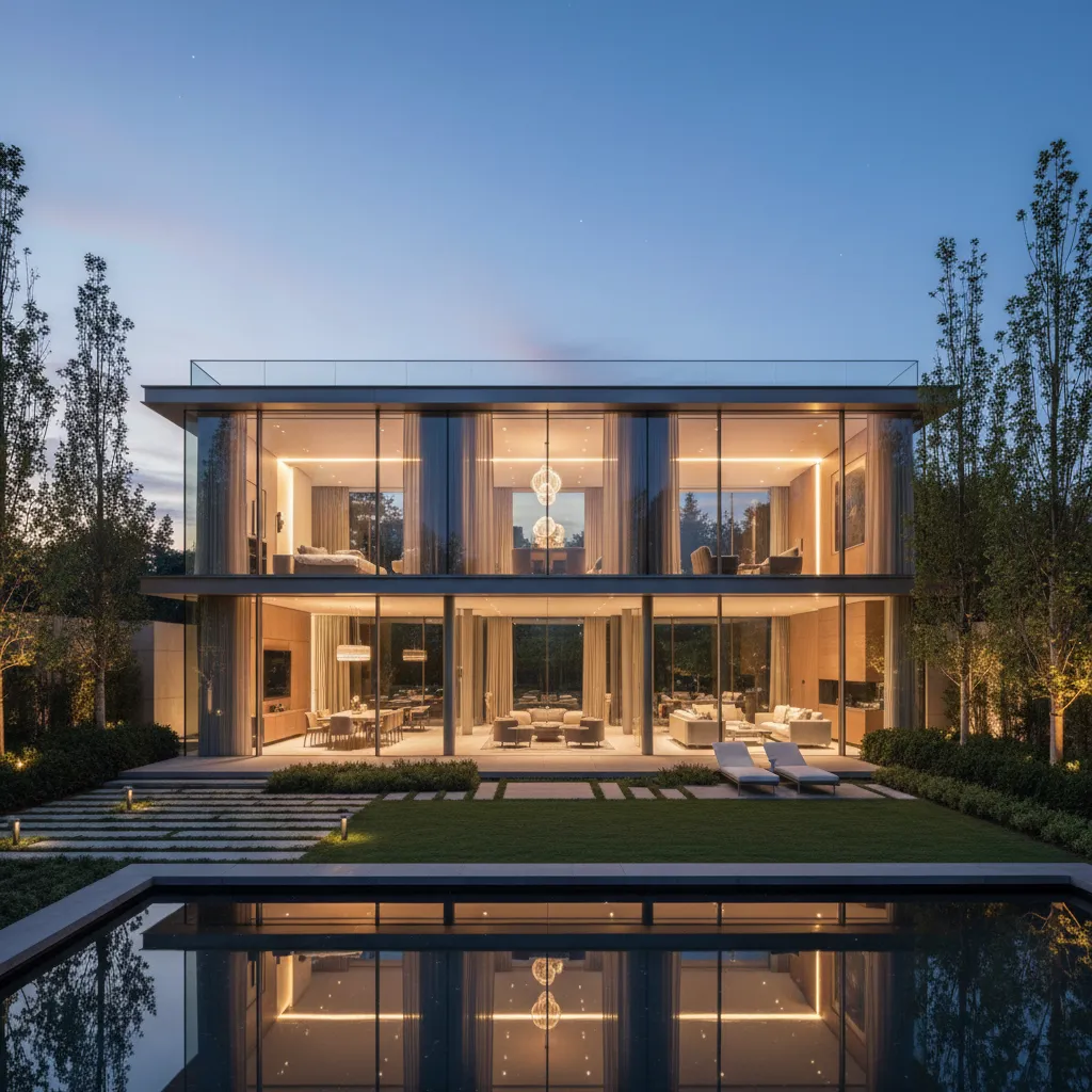 Fachada de casa moderna con grandes paneles de vidrio