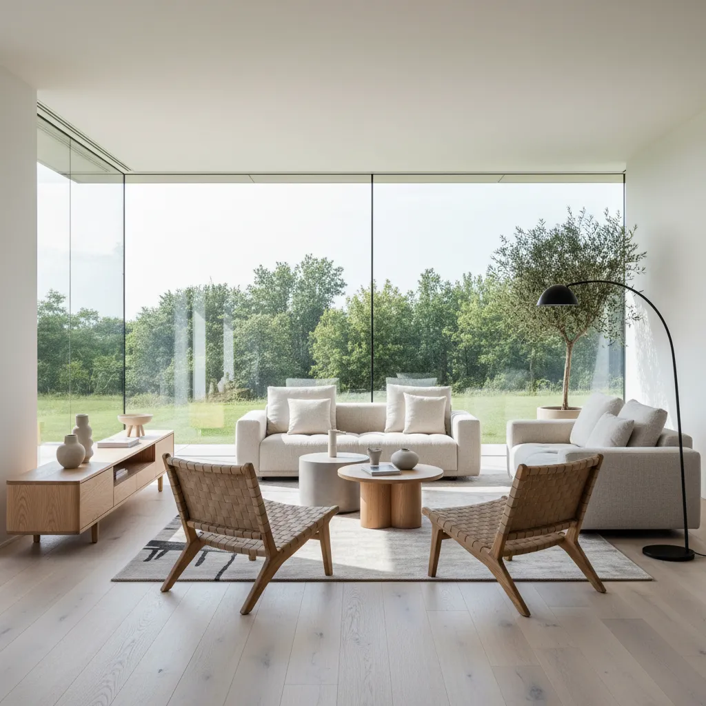 Bright living room with white sofas wooden chairs large windows and green trees in background