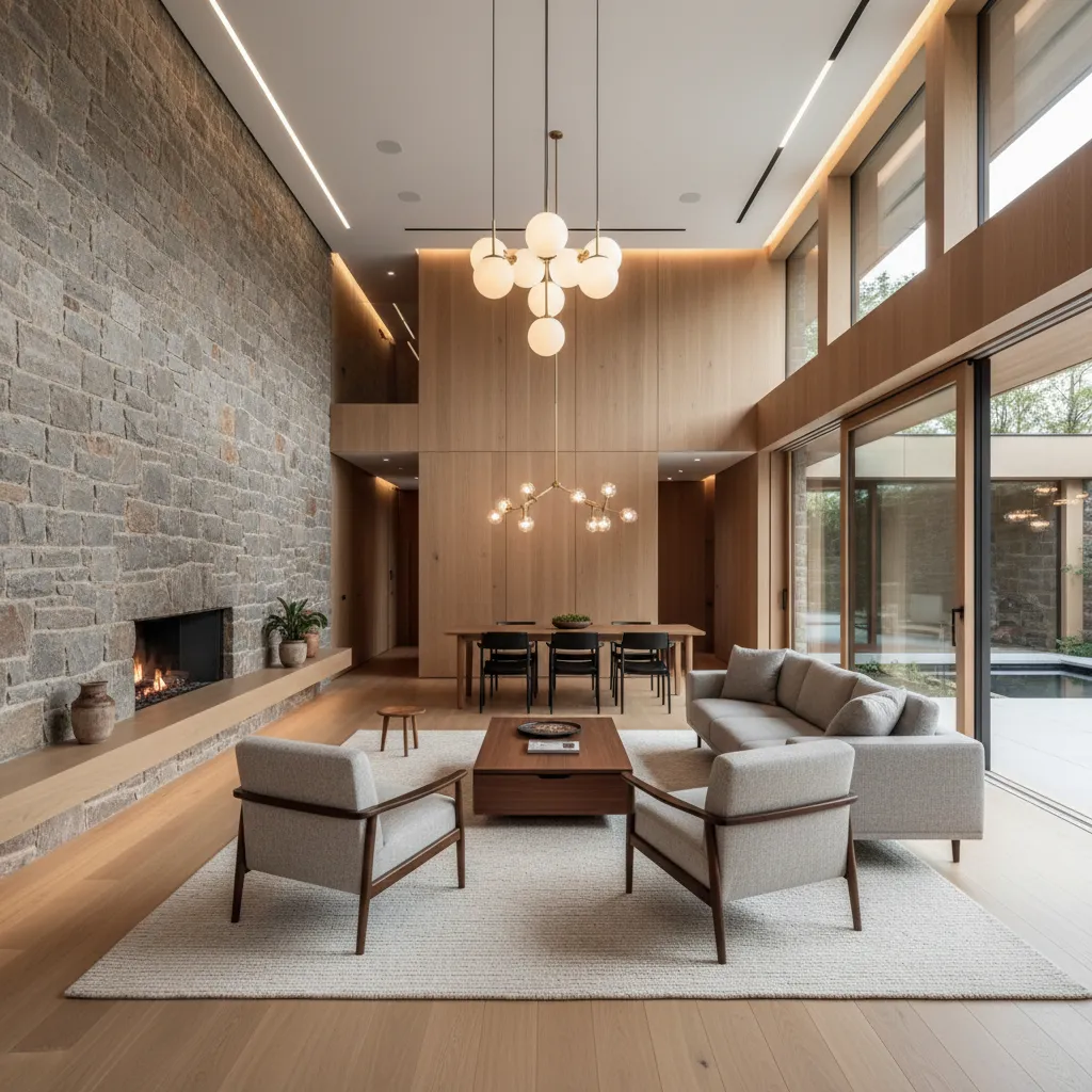 Interior de casa moderna con materiales naturales y diseño limpio