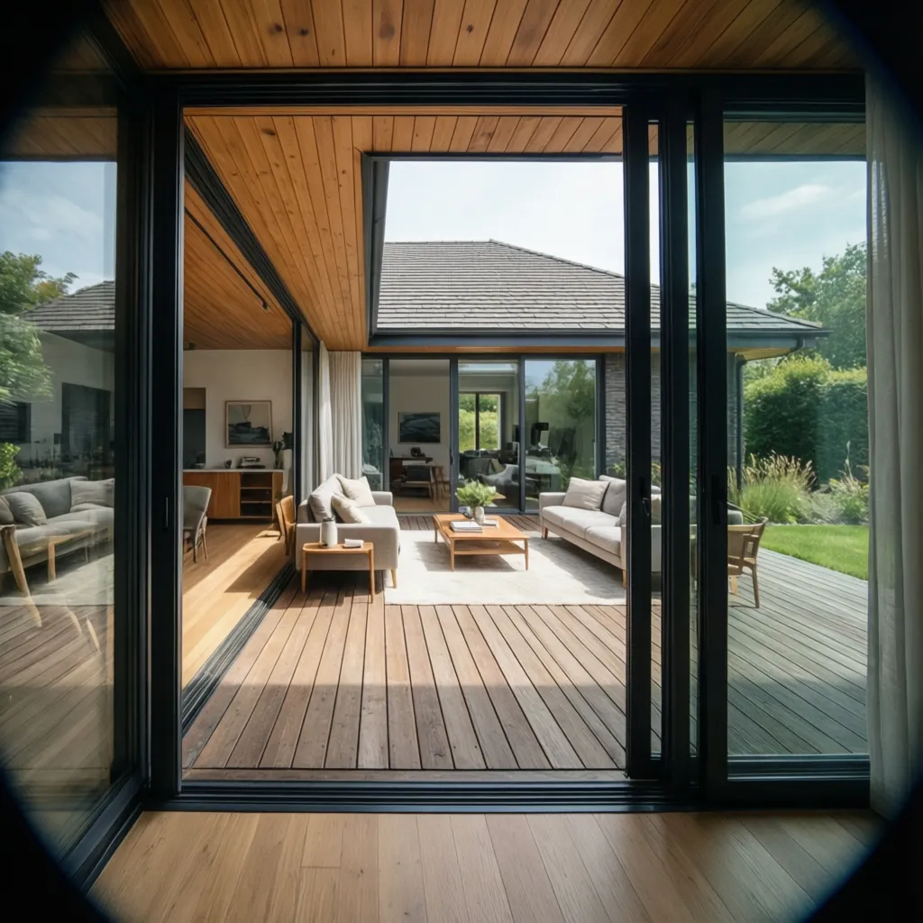Modern living room with sliding glass doors opening to a wooden deck and green garden