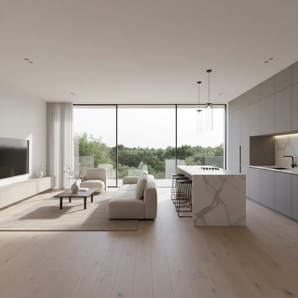 Interior de una casa moderna con grandes ventanas y abundante luz natural