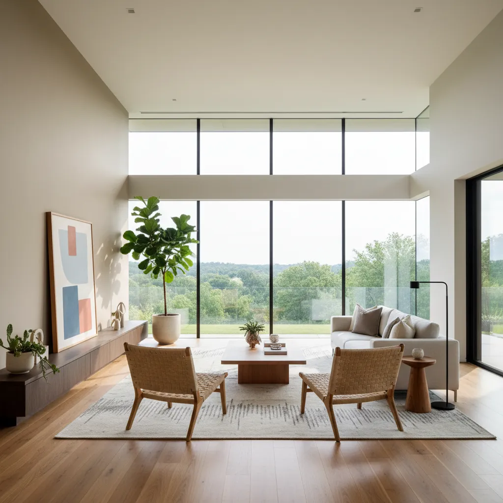 Bright modern living room with beige sofa, wooden chairs, large windows, indoor plants, and sunlight