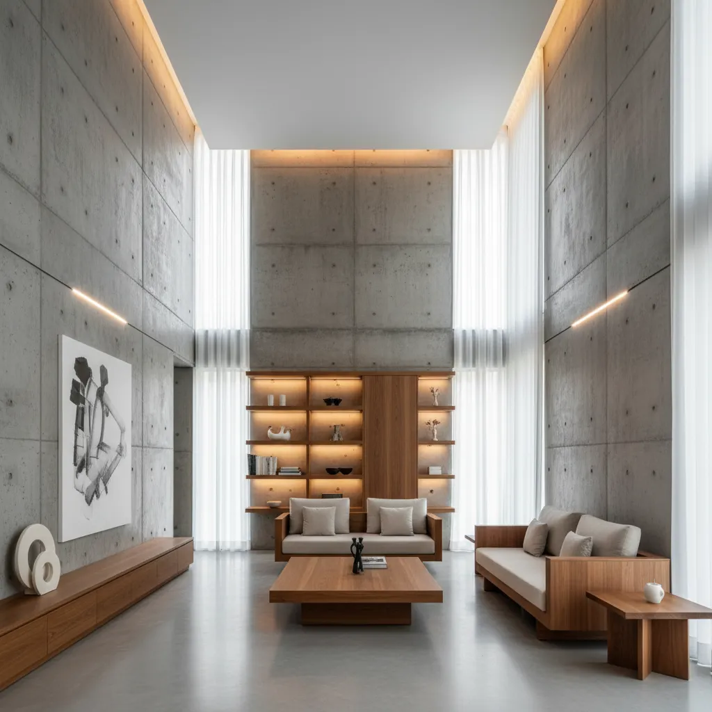Industrial living room with concrete walls wooden sofa coffee table white curtains and wall lights