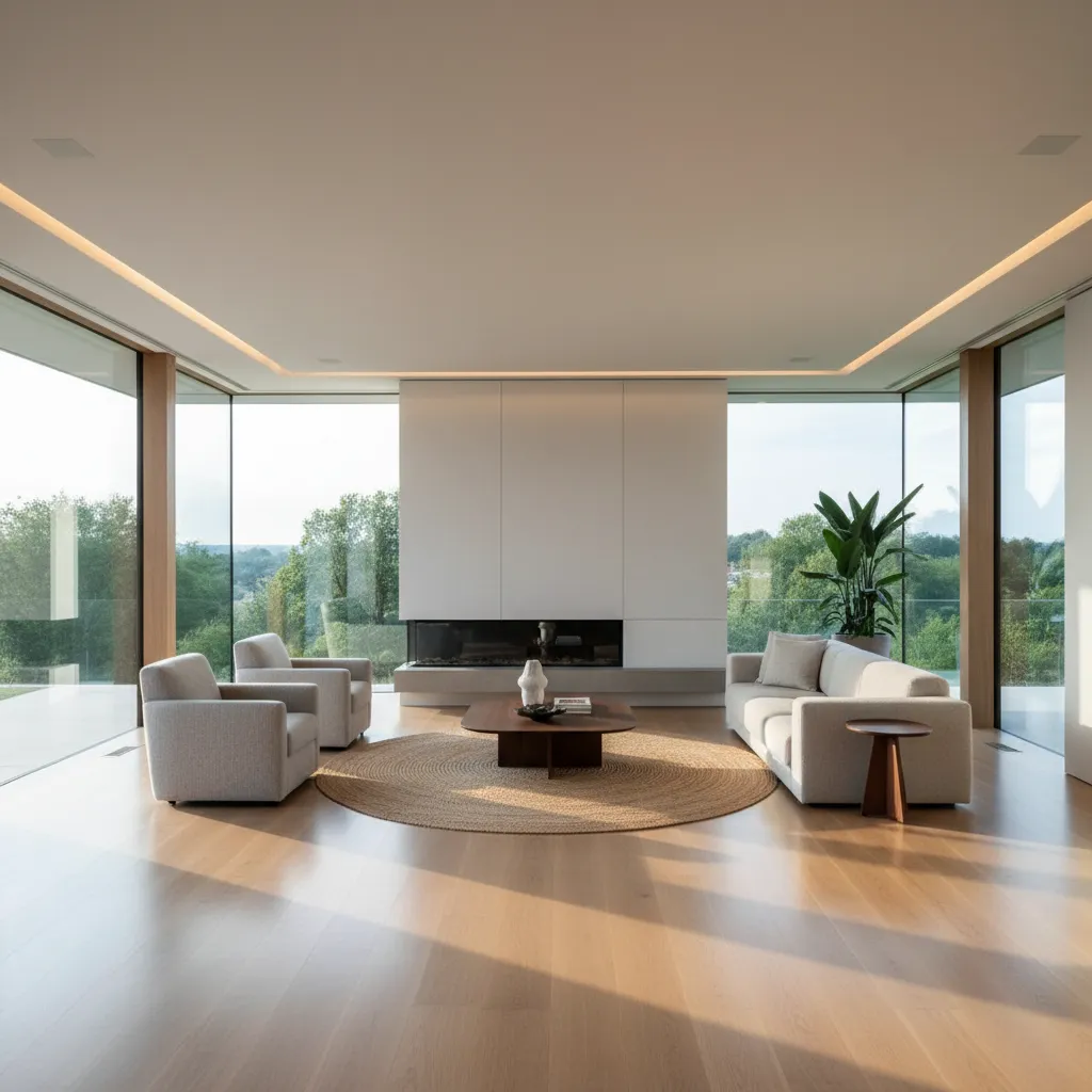Modern living room with beige sofa grey armchairs wooden floor round rug and large windows