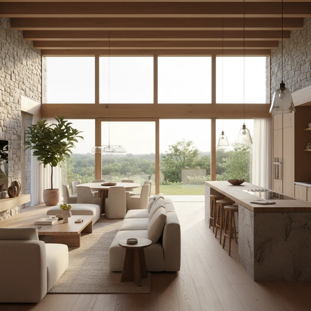 Interior de casa moderna con grandes ventanas y mucha luz natural