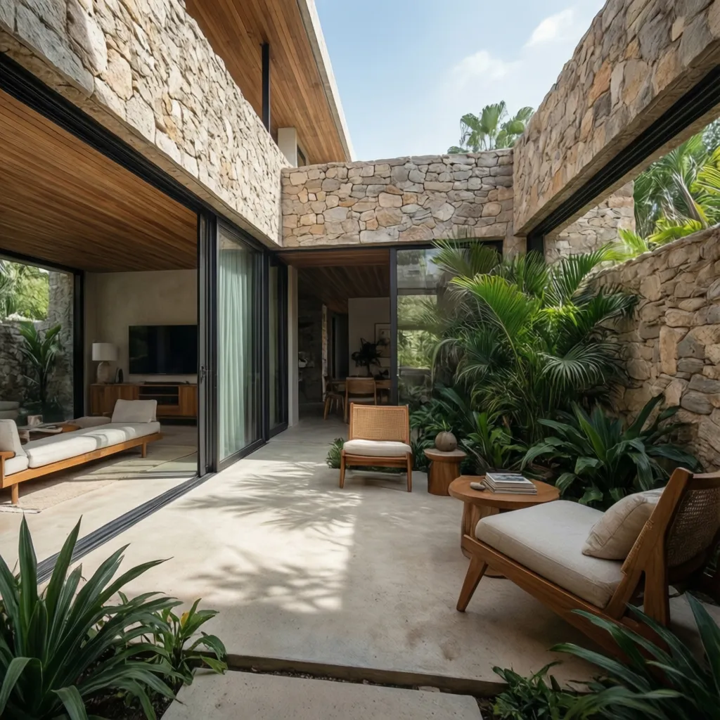 Casa moderna con patio interior y grandes ventanales