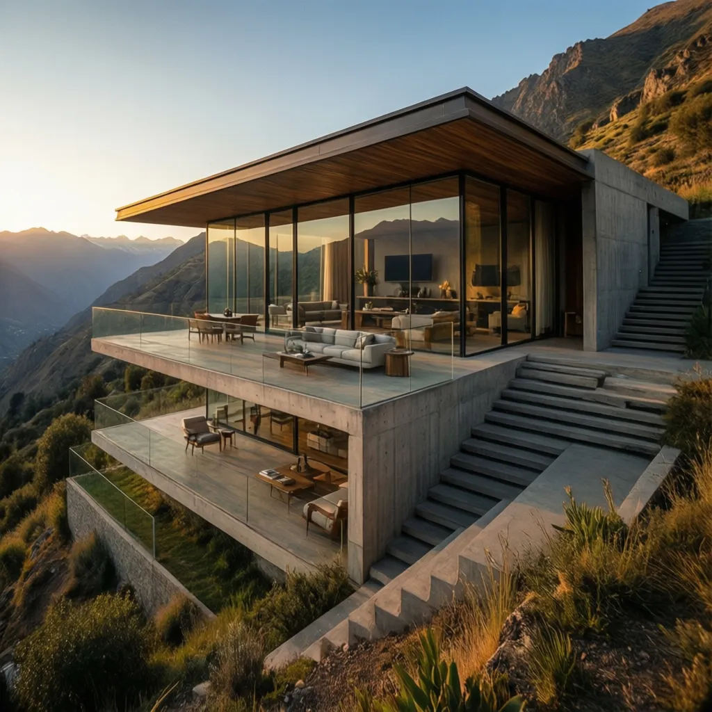 Casa moderna construida en terreno con pendiente y vista panorámica