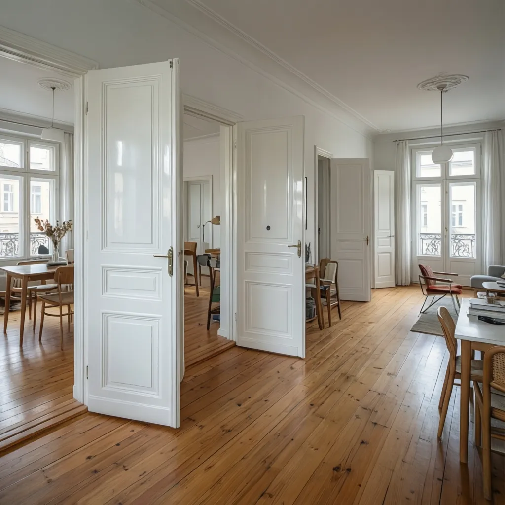 Interior contemporáneo con varias puertas lacadas en blanco