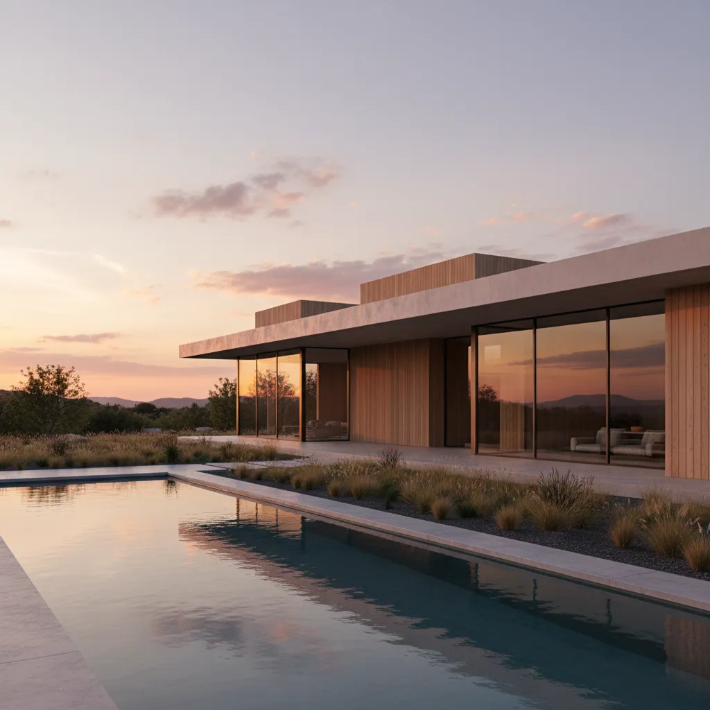 render 3D realista de casa moderna con grandes ventanales