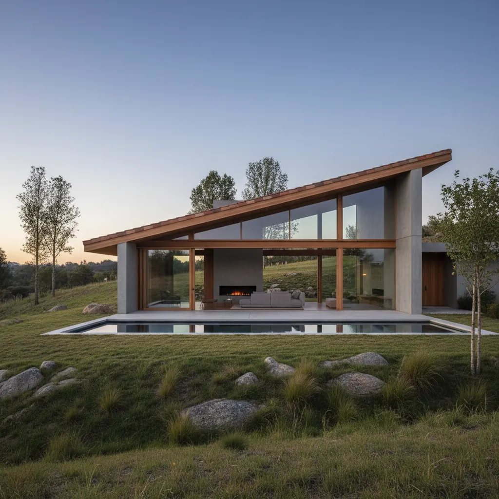 Casa moderna con techo inclinado de tejas y grandes ventanales