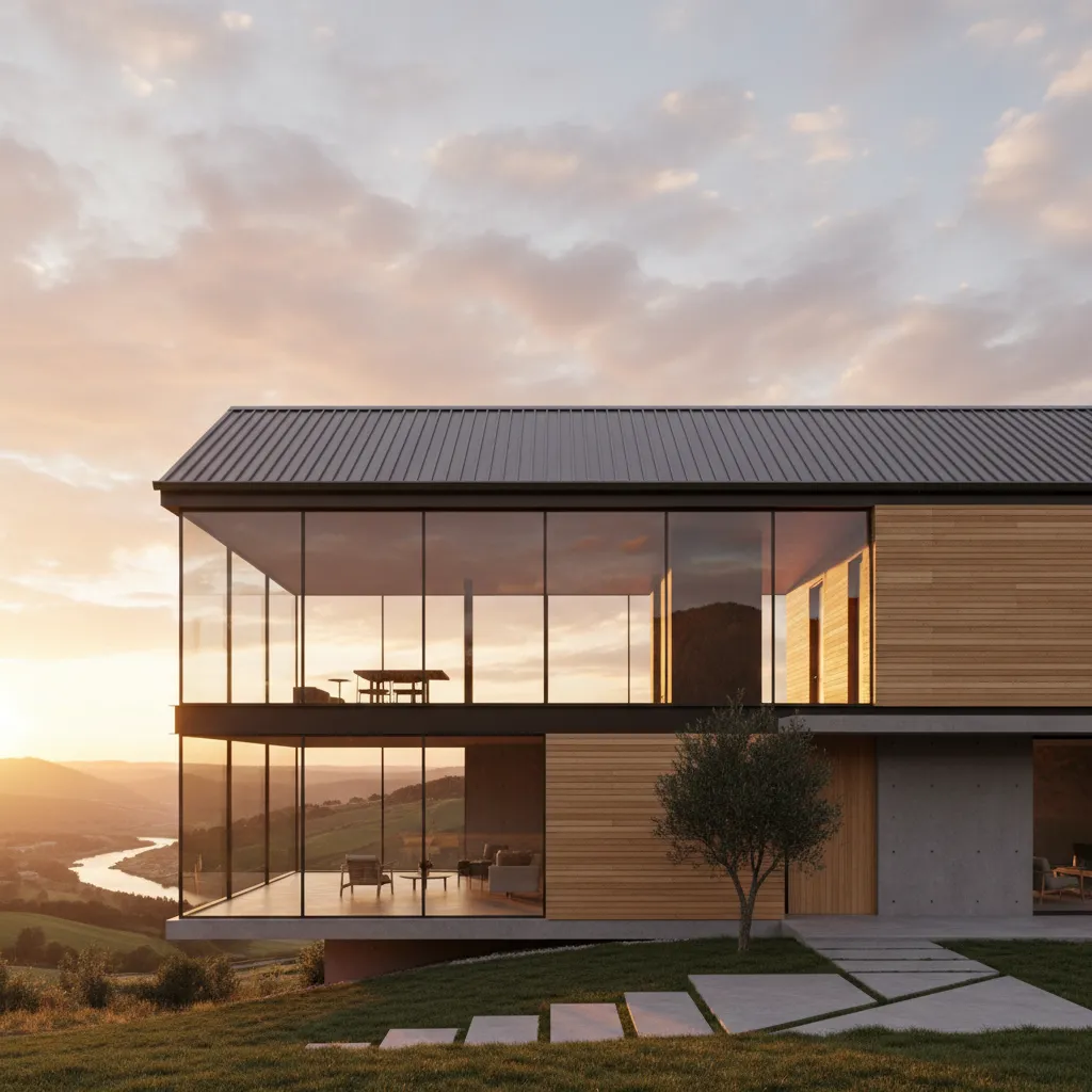 Casa moderna con techo de lámina inclinada y grandes ventanas