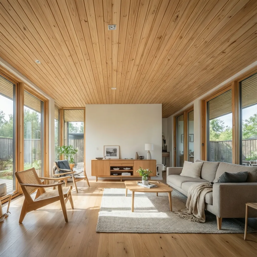 Interior de casa moderna con techo de madera clara