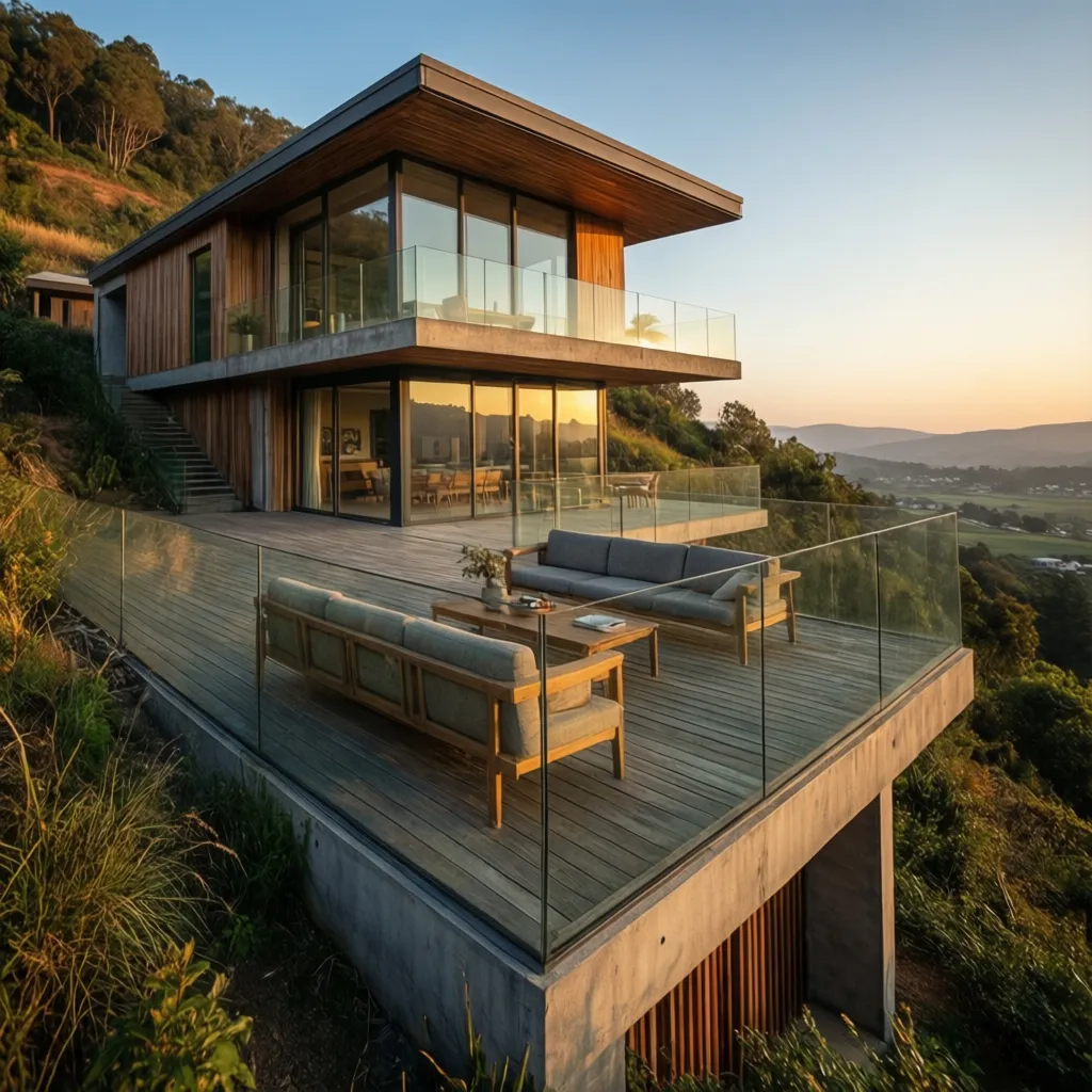 Modern house deck at sunset with outdoor sofas, wooden floor, glass railings, and scenic view.
