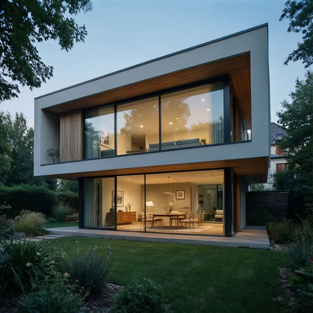 Exterior de casa contemporánea construida en un terreno rectangular