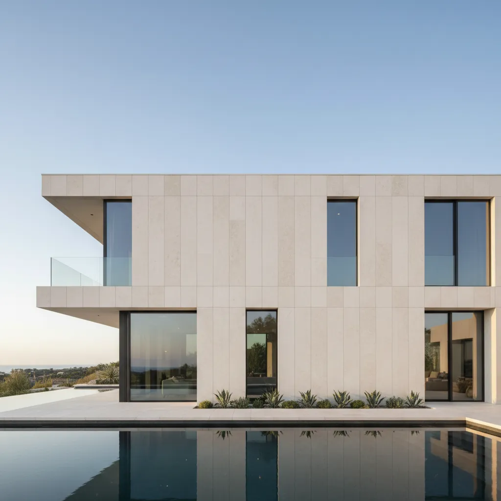Casa minimalista con grandes placas de travertino y líneas horizontales