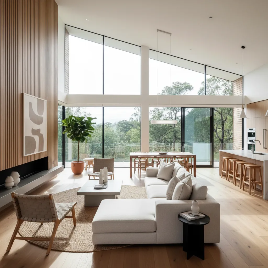 Interior luminoso de una casa moderna con tres dormitorios