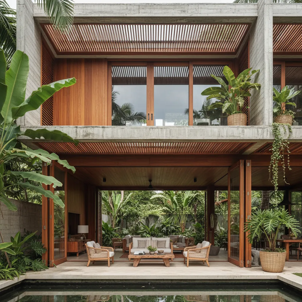 Casa moderna tropical con grandes ventanas y terraza