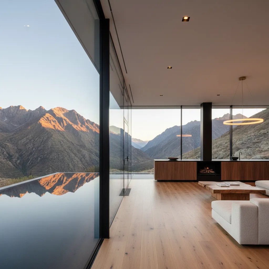 Casa moderna con grandes ventanales abiertos hacia paisaje natural