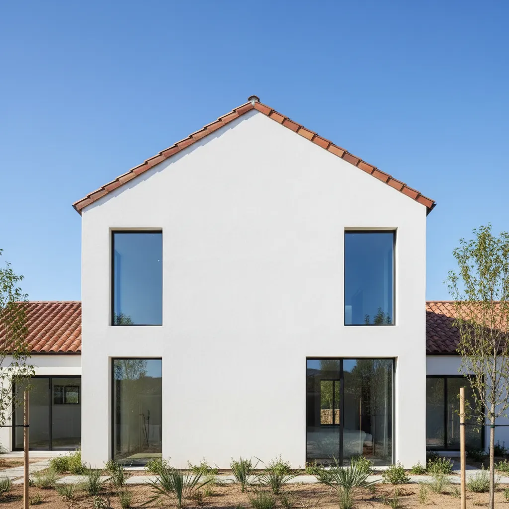 Casa contemporánea con techo de tejas y volumen arquitectónico simple