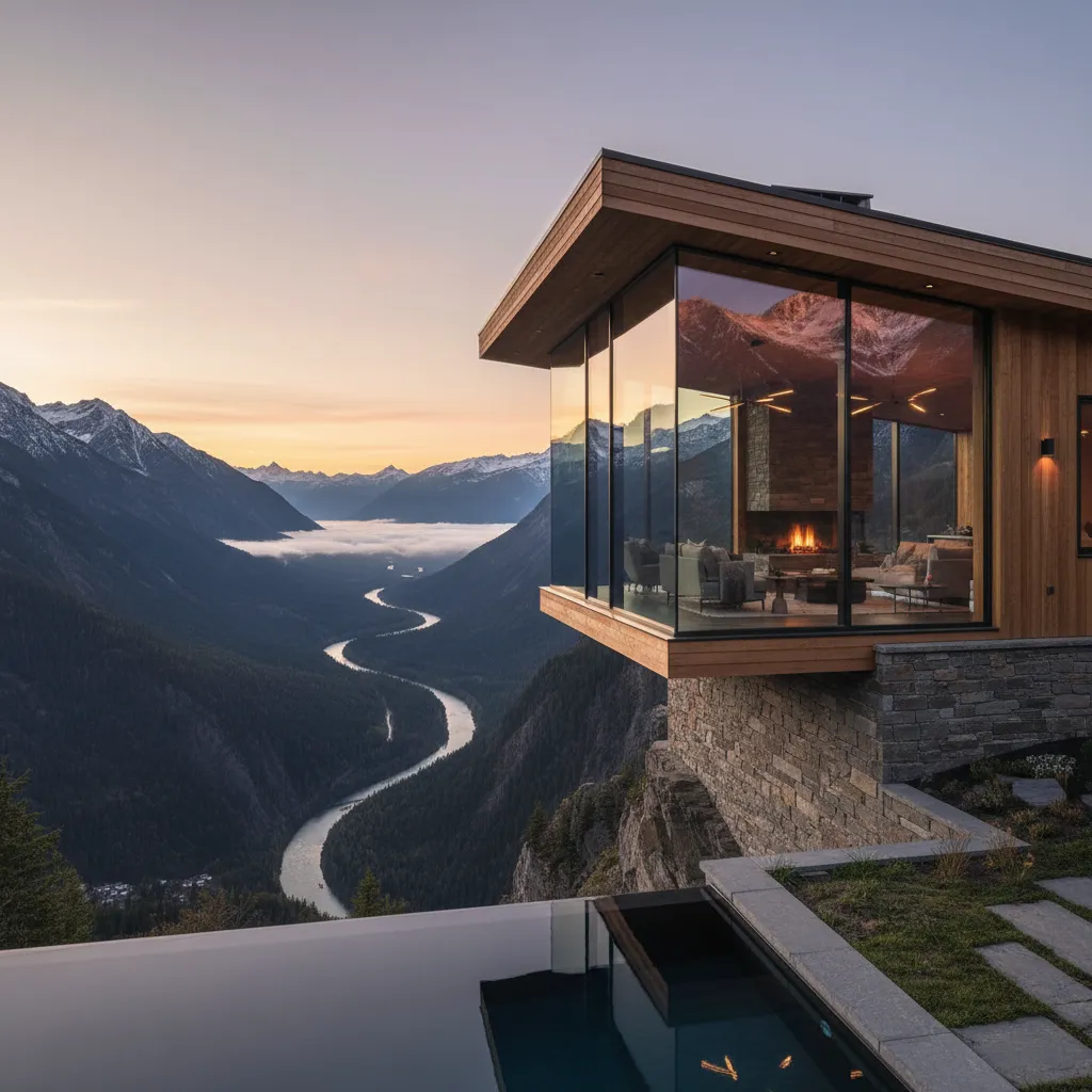 Casa de montaña con grandes ventanales y vistas a un valle