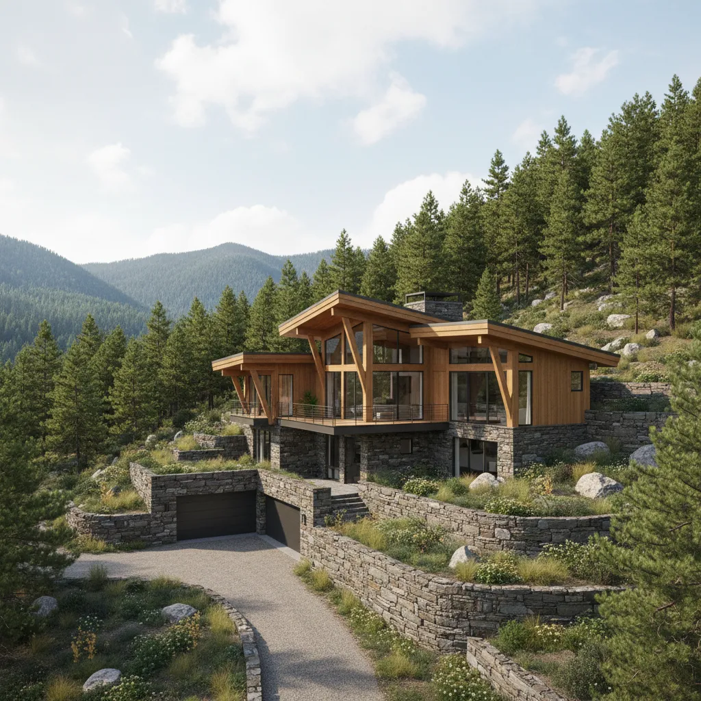Casa construida sobre terreno inclinado en zona montañosa