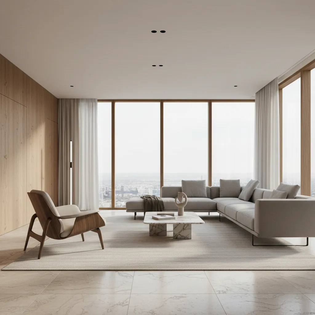 Minimalist living room featuring a grey sofa marble coffee table wooden wall panel and windows