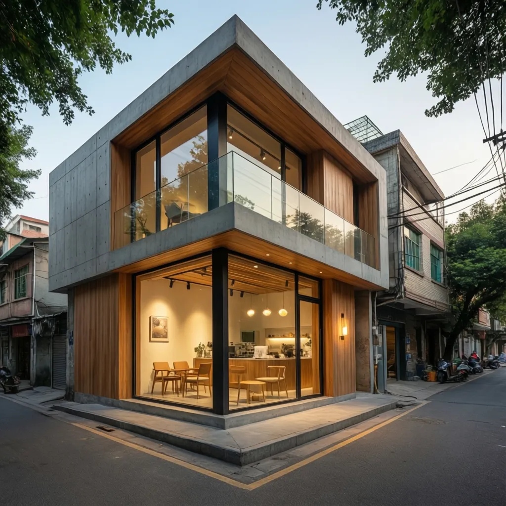 Modern two-story corner building featuring wood panels large glass windows and cozy ground floor cafe
