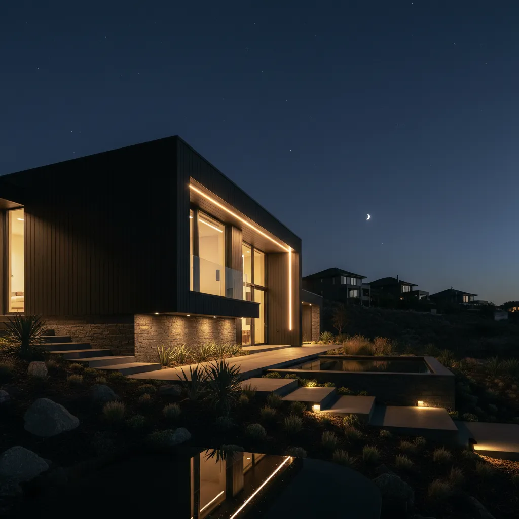 Casa negra moderna iluminada por la noche con luces cálidas