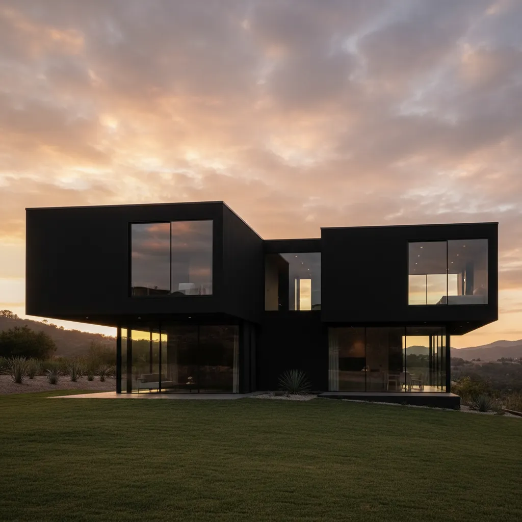 Casa negra minimalista con grandes ventanales
