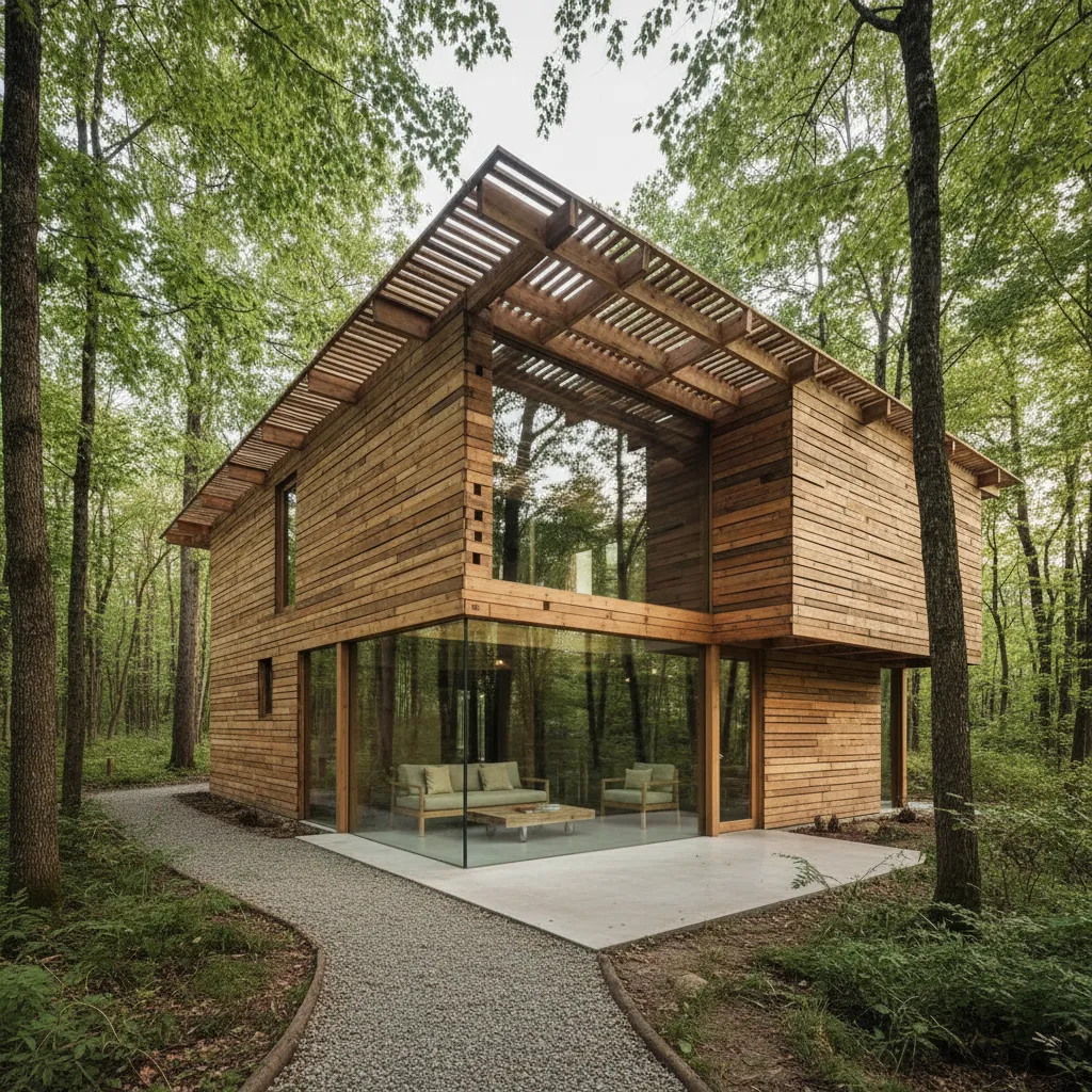 Modern two story wooden house with large glass windows in a forest with gravel path outside