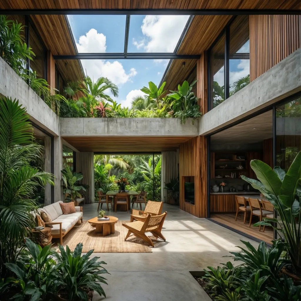 Tropical indoor courtyard with wooden ceiling plants sofa chairs and natural light from the roof