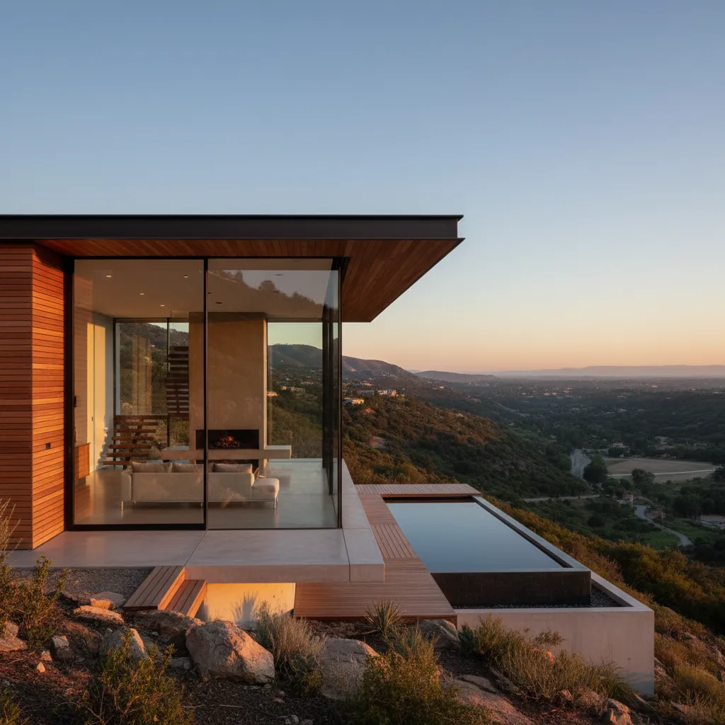 Modern living area with glass walls sofa and small pool on a deck at sunset time