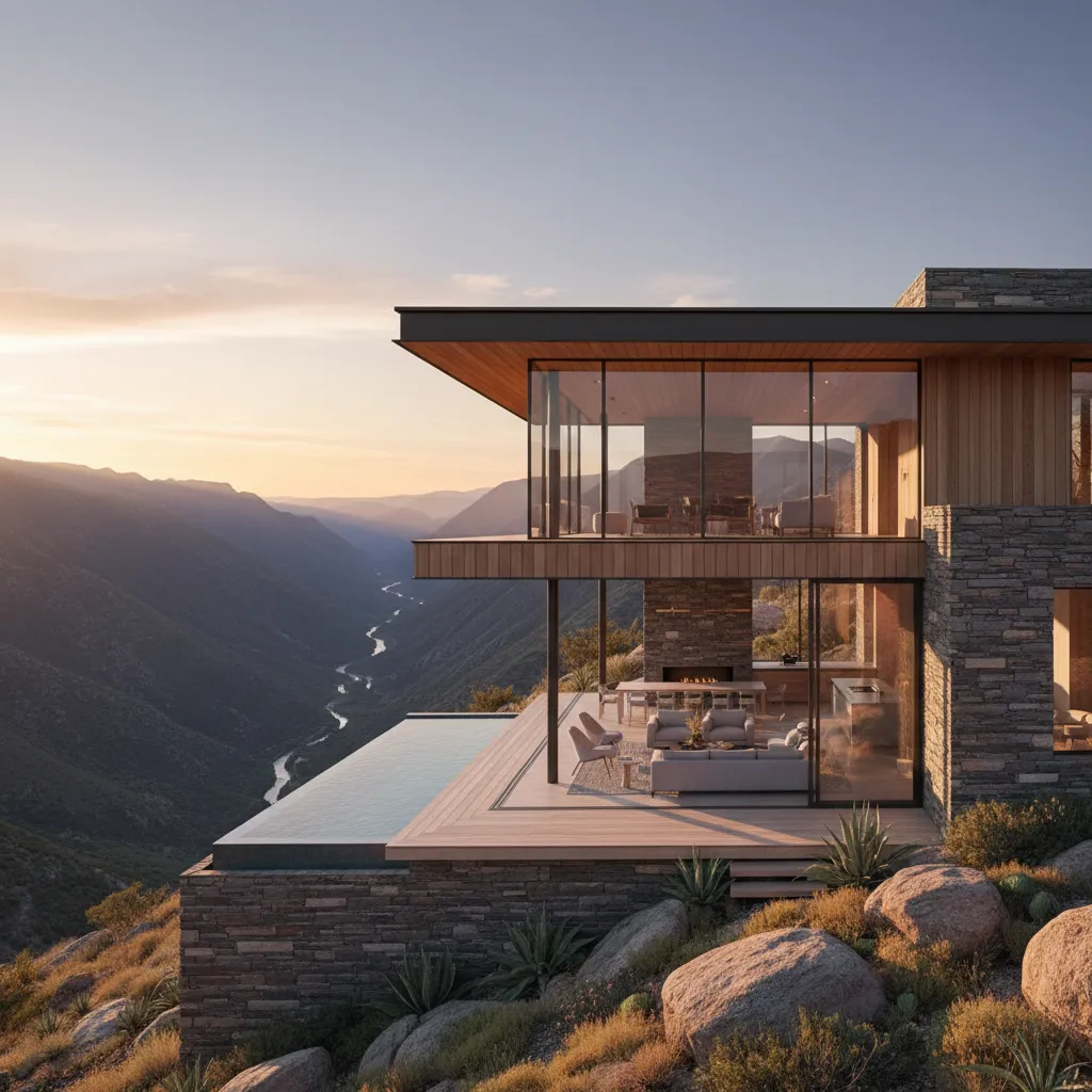 Vivienda en pendiente con grandes ventanales y vistas abiertas