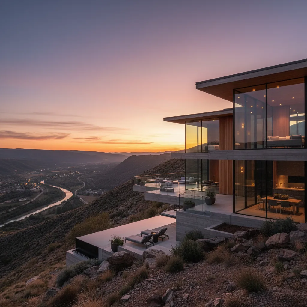 Casa en ladera con grandes ventanales y vistas panorámicas