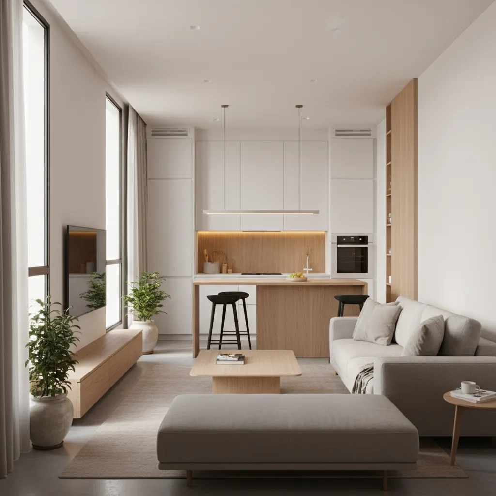 interior de casa pequena com sala e cozinha integradas
