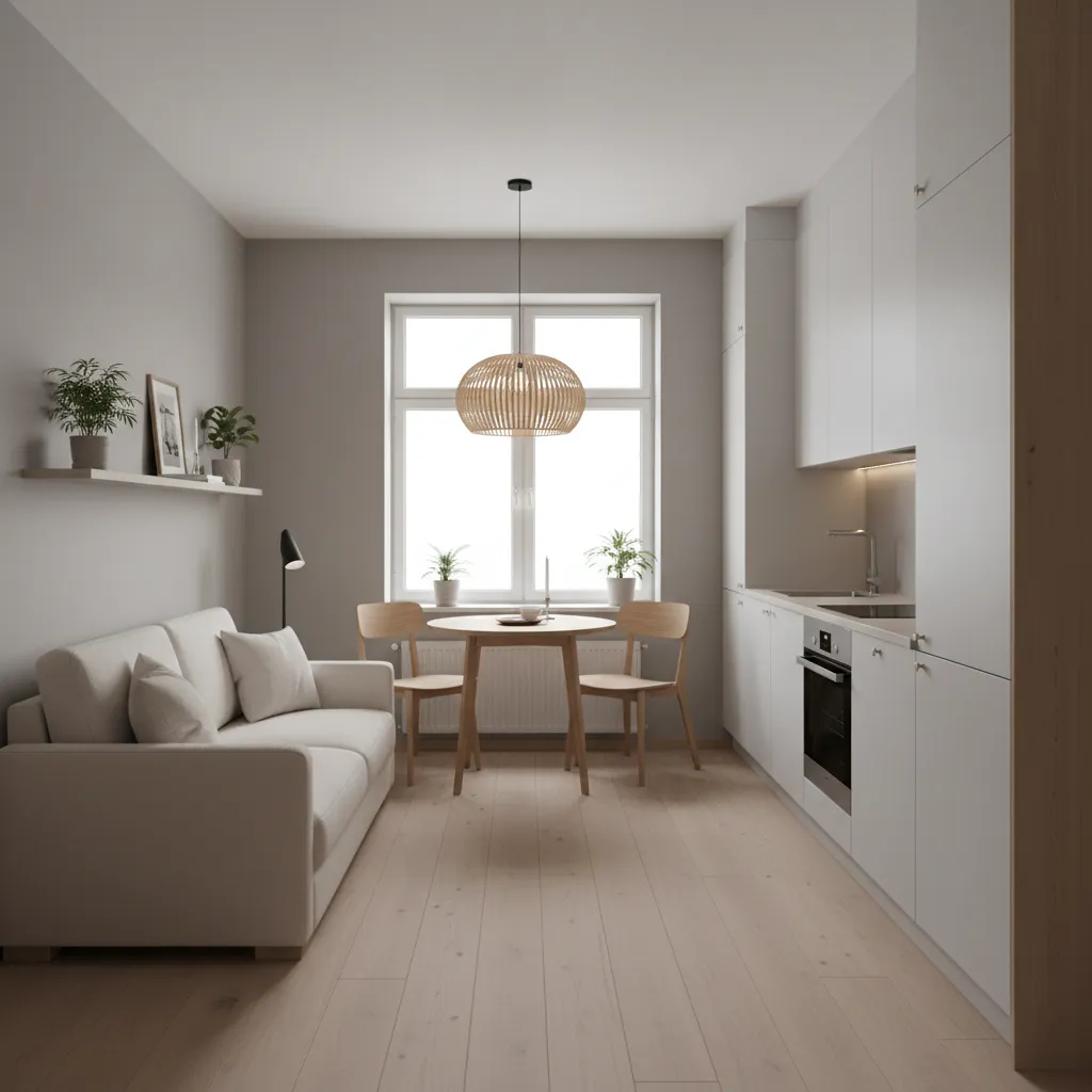 interior de casa pequena com sala e cozinha integradas