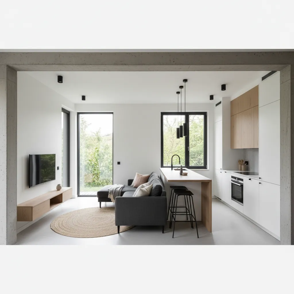 interior de casa pequena com 1 quarto sala e cozinha integradas