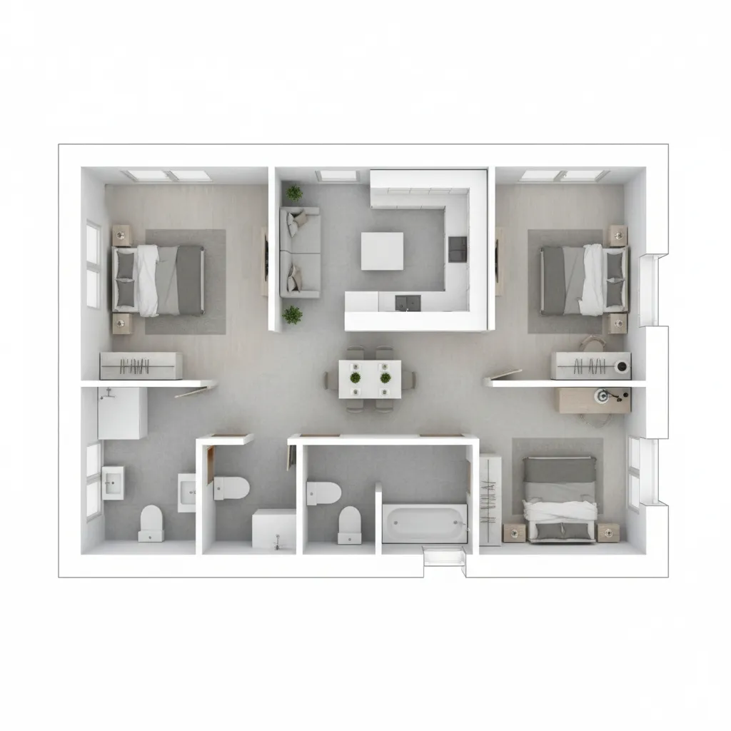 layout interno de casa pequena com dois quartos e sala integrada