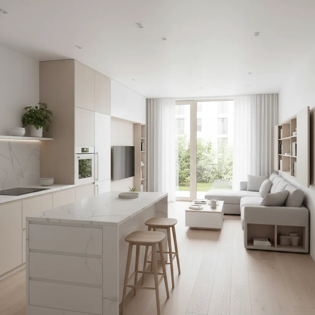 Interior compacto de casa pequeña con tres dormitorios