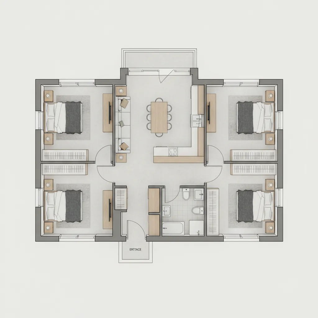 2D floor plan layout for four bedroom house with kitchen living room dining table bathroom