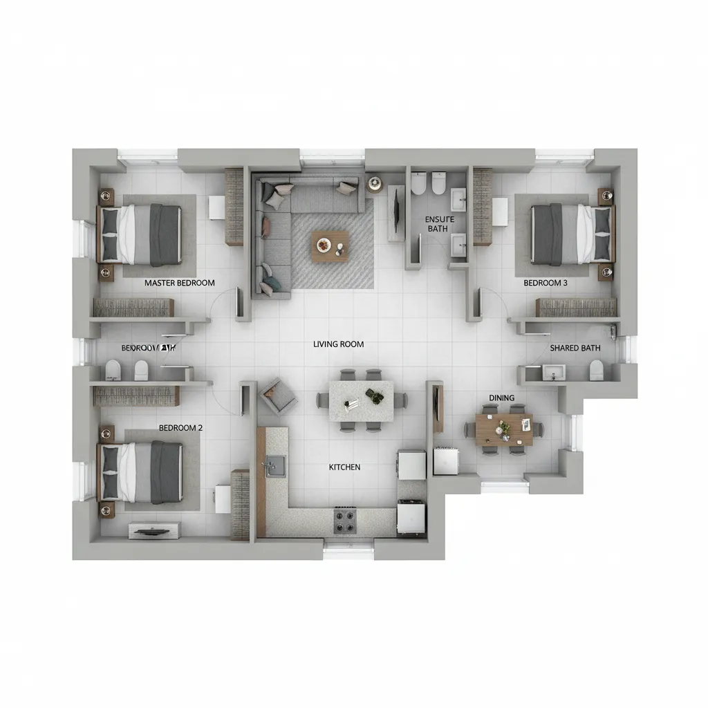 planta de casa pequena com três quartos em formato L